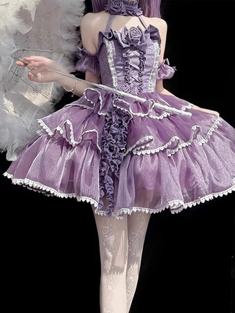 ハロウィン ゴシックロリータドレス リボン フリル カラーブロック パープルドレス