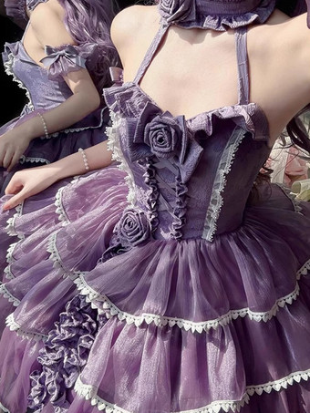 ハロウィン ゴシックロリータドレス リボン フリル カラーブロック パープルドレス