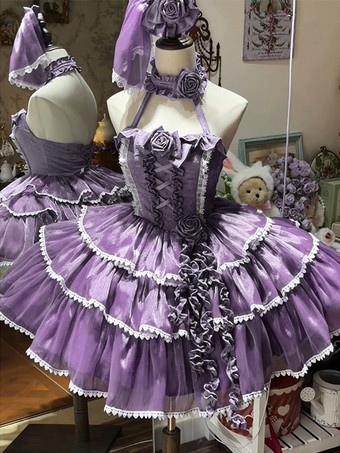 ハロウィン ゴシックロリータドレス リボン フリル カラーブロック パープルドレス
