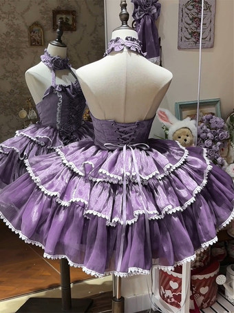 ハロウィン ゴシックロリータドレス リボン フリル カラーブロック パープルドレス