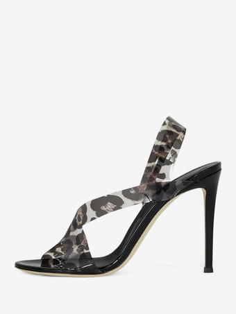 ヒョウ柄ハイヒール サンダル オープントゥ ストラップ スティレットヒール パーティー シューズ