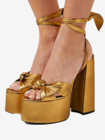ゴールド 赤いハイヒールサンダル プラットフォーム ノット付き レースアップ チャンキーヒールサンダル