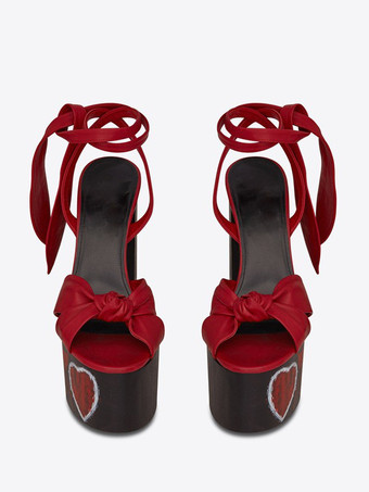 赤いハイヒールサンダル プラットフォーム ノット付き レースアップ チャンキーヒールサンダル