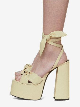 アイボリー 赤いハイヒールサンダル プラットフォーム ノット付き レースアップ チャンキーヒールサンダル
