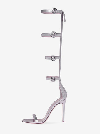 シルバー ゴールドハイヒールサンダル レディース オープントゥ バックルディテール グラディエーターサンダル