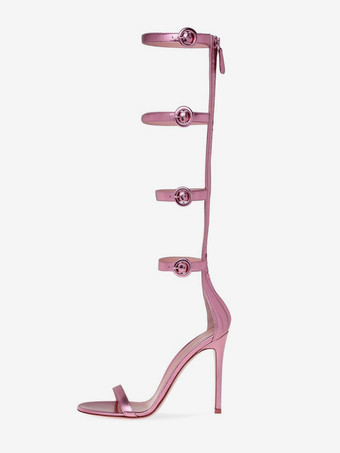 ピンク ゴールドハイヒールサンダル レディース オープントゥ バックルディテール グラディエーターサンダル