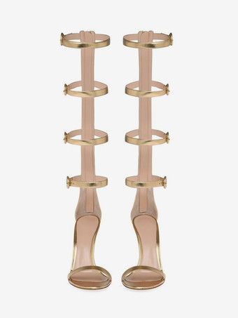 ゴールドハイヒールサンダル レディース オープントゥ バックルディテール グラディエーターサンダル