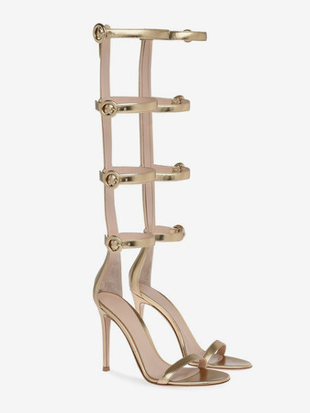 ゴールドハイヒールサンダル レディース オープントゥ バックルディテール グラディエーターサンダル