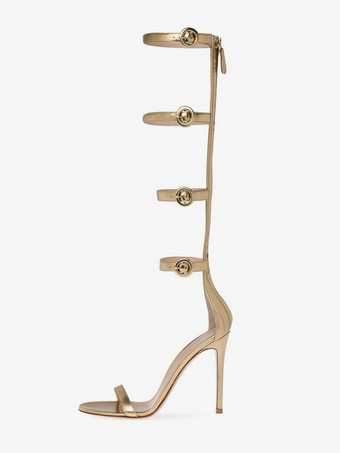ライトゴールゴールドハイヒールサンダル レディース オープントゥ バックルディテール グラディエーターサンダル