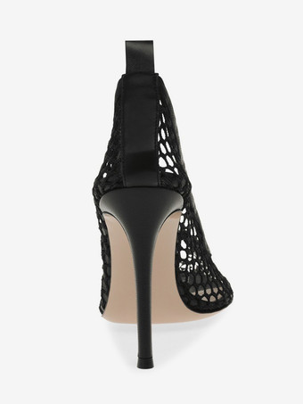 ブラックハイヒールパンプス メッシュポインテッドトゥ スティレットヒール ドレスシューズ