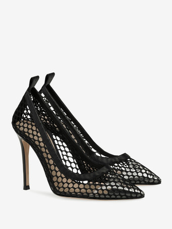 ブラックハイヒールパンプス メッシュポインテッドトゥ スティレットヒール ドレスシューズ