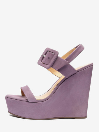 パープル レディース ウェッジサンダル プラットフォーム オープントゥ バックルディテール サンダルシューズ