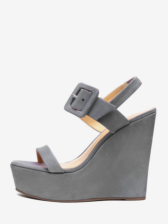 ライトグレー レディース ウェッジサンダル プラットフォーム オープントゥ バックルディテール サンダルシューズ