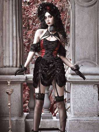   ゴシックロリータドレス レースプリーツ カラーブロック ブラックドレス