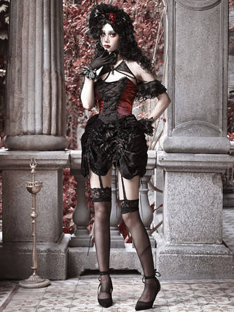   ゴシックロリータドレス レースプリーツ カラーブロック ブラックドレス