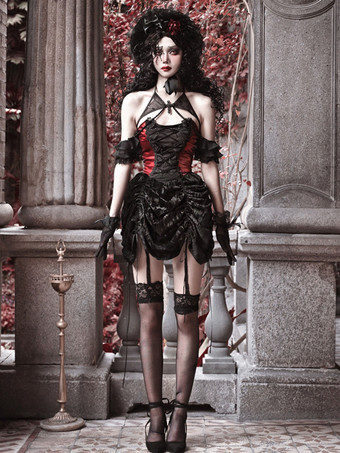   ゴシックロリータドレス レースプリーツ カラーブロック ブラックドレス