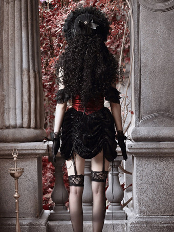   ゴシックロリータドレス レースプリーツ カラーブロック ブラックドレス