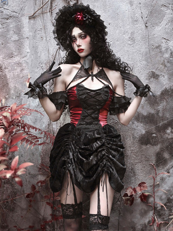 ブラック   ゴシックロリータドレス レースプリーツ カラーブロック ブラックドレス