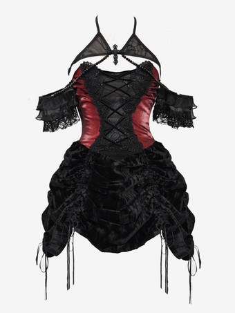   ゴシックロリータドレス レースプリーツ カラーブロック ブラックドレス