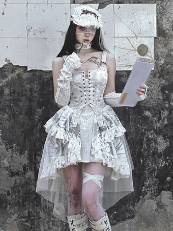  ゴシックロリータドレス レースアップ フリル 花柄 エクリュ ホワイト JSK