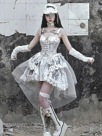   ゴシックロリータドレス レースアップ フリル 花柄 エクリュ ホワイト JSK
