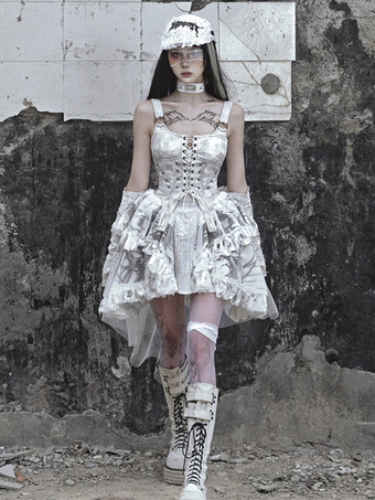   ゴシックロリータドレス レースアップ フリル 花柄 エクリュ ホワイト JSK