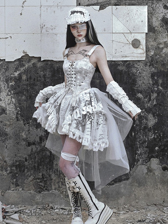   ゴシックロリータドレス レースアップ フリル 花柄 エクリュ ホワイト JSK