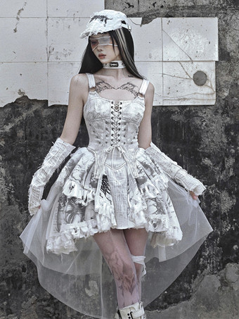 アイボリー   ゴシックロリータドレス レースアップ フリル 花柄 エクリュ ホワイト JSK
