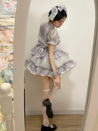姫系 スイートロリータ ドレス ノースリーブ リボン デイリーカジュアル ライトグレー JSK