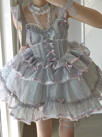 姫系 スイートロリータ ドレス ノースリーブ リボン デイリーカジュアル ライトグレー JSK