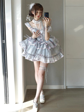 姫系 スイートロリータ ドレス ノースリーブ リボン デイリーカジュアル ライトグレー JSK