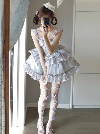 姫系 スイートロリータ ドレス ノースリーブ リボン デイリーカジュアル ライトグレー JSK
