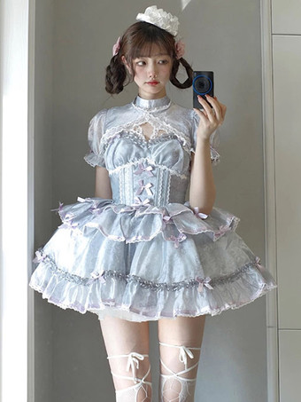 姫系 スイートロリータ ドレス ノースリーブ リボン デイリーカジュアル ライトグレー JSK