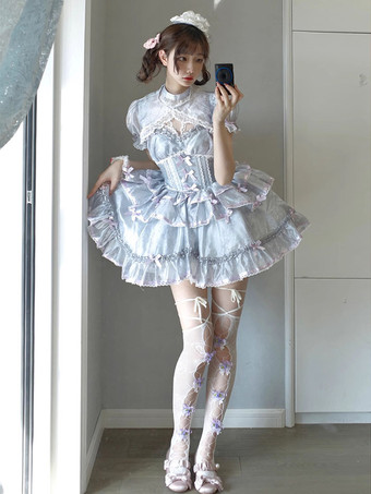 ライトグレー 姫系 スイートロリータ ドレス ノースリーブ リボン デイリーカジュアル ライトグレー JSK
