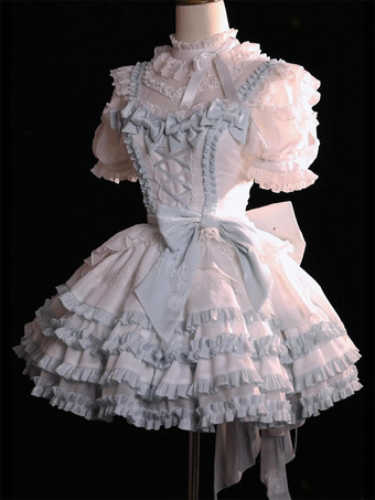 スウィート姫ロリータドレス ノースリーブ リボン ライトスカイブルー ピクニック トレーン付き JSK