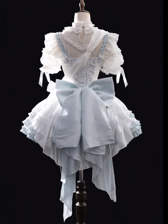 スウィート姫ロリータドレス ノースリーブ リボン ライトスカイブルー ピクニック トレーン付き JSK