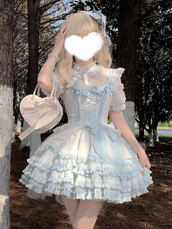 スウィート姫ロリータドレス ノースリーブ リボン ライトスカイブルー ピクニック トレーン付き JSK
