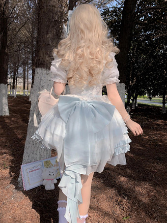 スウィート姫ロリータドレス ノースリーブ リボン ライトスカイブルー ピクニック トレーン付き JSK