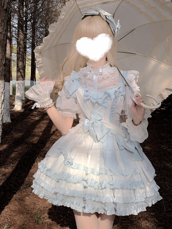 ライトスカイブルースウィート姫ロリータドレス ノースリーブ リボン ライトスカイブルー ピクニック トレーン付き JSK