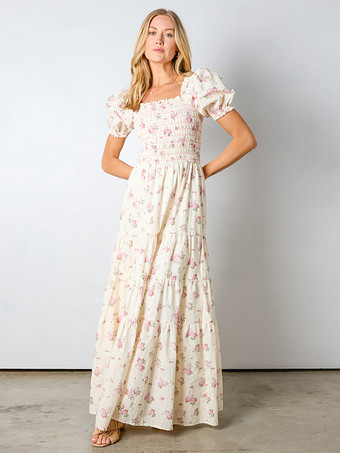 アプリコットパフスリーブ付き花柄マキシドレス 2025