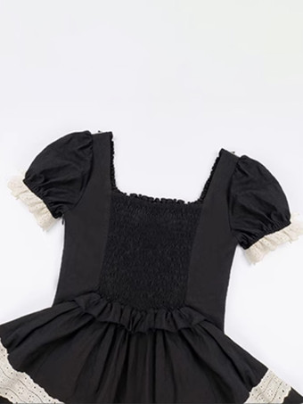   ゴシックスイートクラシックロリータドレス、レースアップフリルカラーブロックブラックドレス