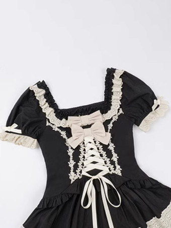   ゴシックスイートクラシックロリータドレス、レースアップフリルカラーブロックブラックドレス