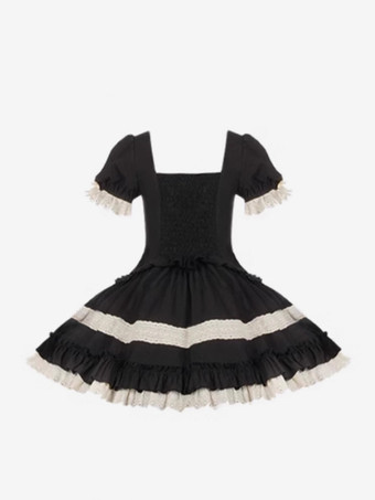   ゴシックスイートクラシックロリータドレス、レースアップフリルカラーブロックブラックドレス
