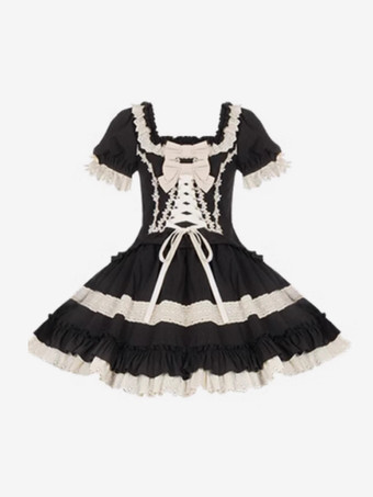   ゴシックスイートクラシックロリータドレス、レースアップフリルカラーブロックブラックドレス