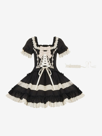   ゴシックスイートクラシックロリータドレス、レースアップフリルカラーブロックブラックドレス