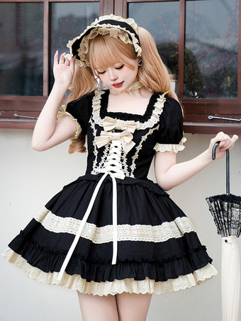   ゴシックスイートクラシックロリータドレス、レースアップフリルカラーブロックブラックドレス