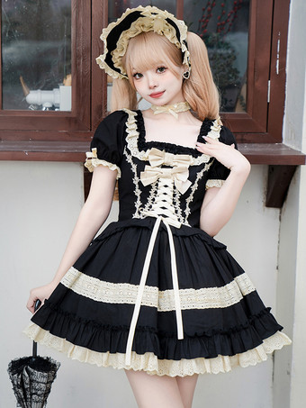 ブラック   ゴシックスイートクラシックロリータドレス、レースアップフリルカラーブロックブラックドレス
