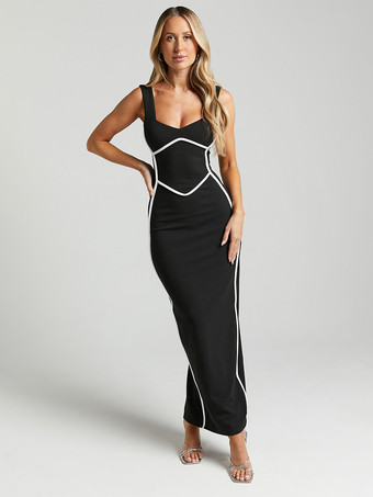 ブラック 2025年夏向けコントラストカラーボディコンタンクロングドレス