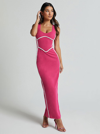 ローズレッド2025年夏向けコントラストカラーボディコンタンクロングドレス