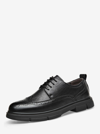 ブラック メンズドレスシューズ レザー ラウンドトゥ オックスフォードシューズ 滑り止めプラットフォーム チャンキーブローグシューズ